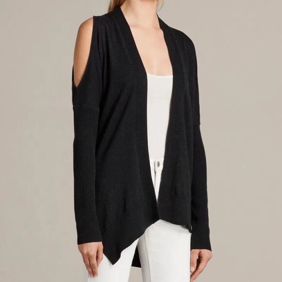 ALL SAINTS Reya Black Cold Shoulder Cardigan Sweater Size S Open Front - Picture 1 of 11